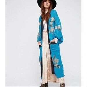 Free People Floral Embroidered Kimono Open Front Long Sleeve Turquoise Small‎